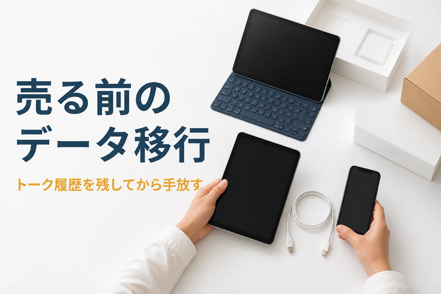 タブレットとスマートフォンを並べてデータを移す手元