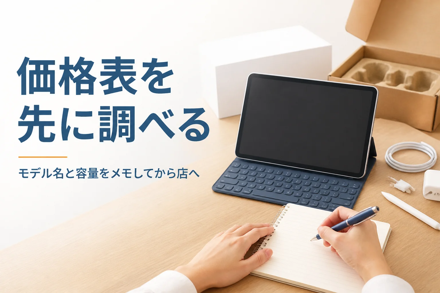 売る前にタブレットの情報をメモする手元