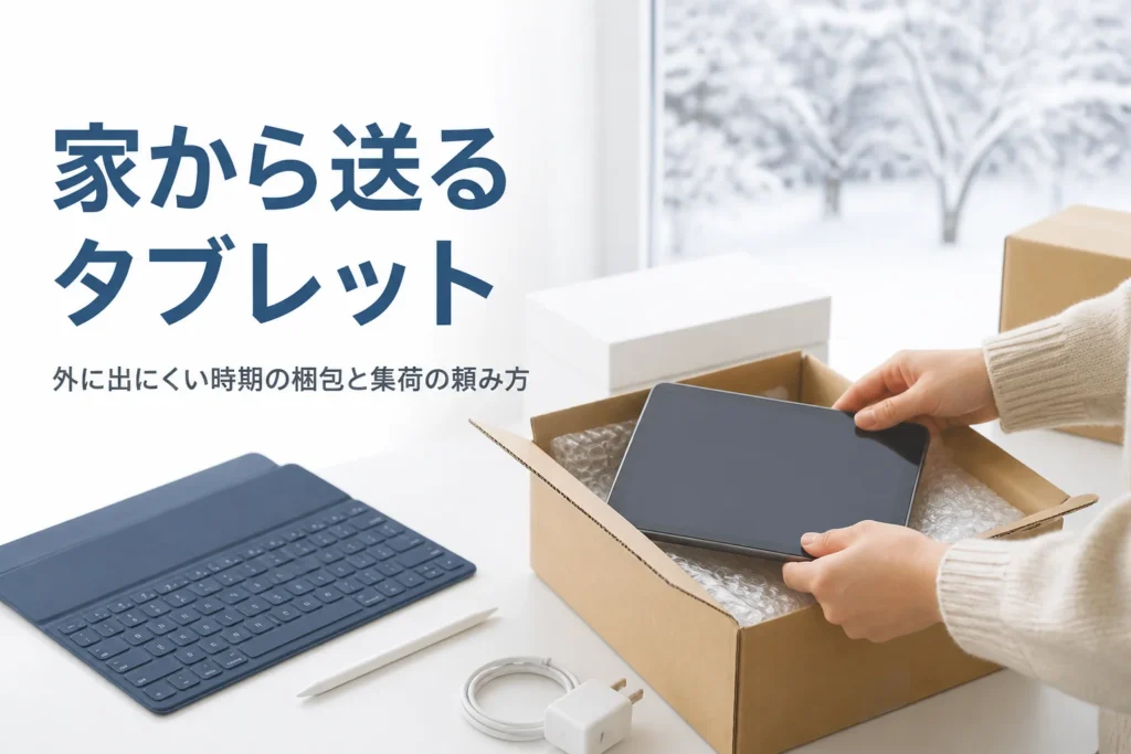 冬の室内でタブレットを段ボール箱に梱包する手元