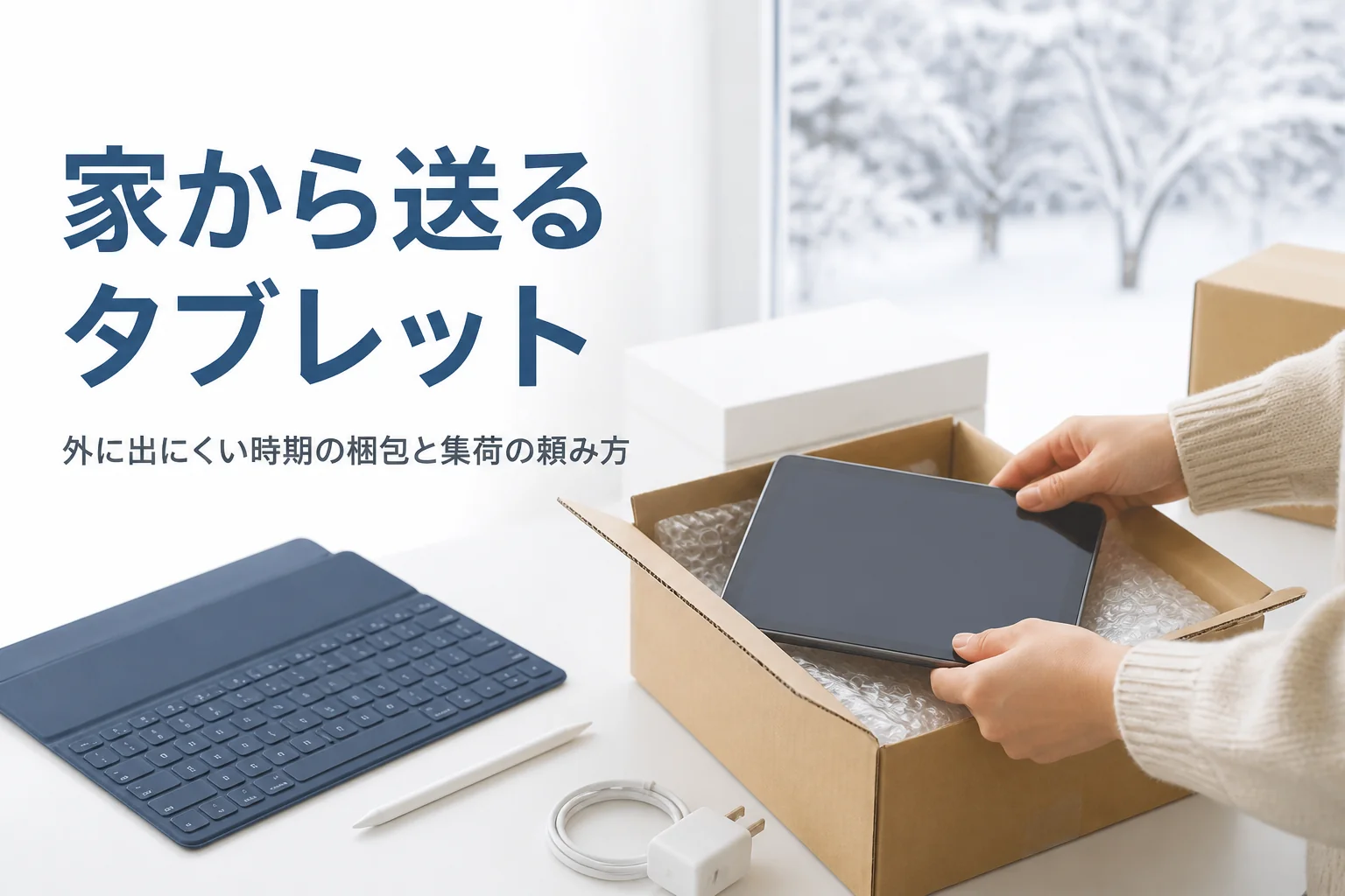 冬の室内でタブレットを段ボール箱に梱包する手元