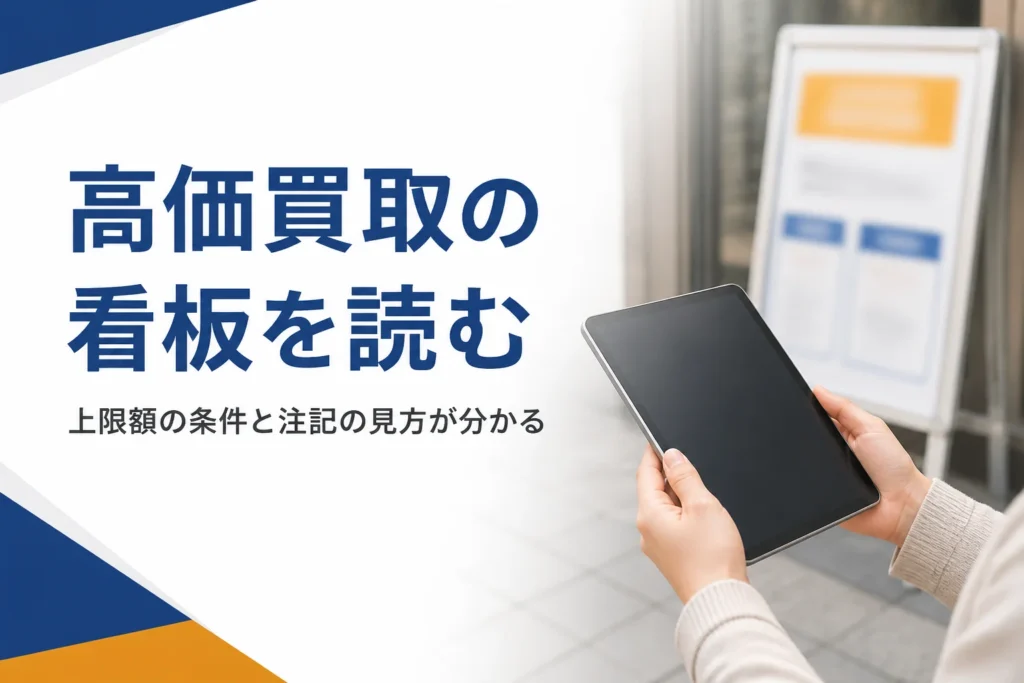 高価買取の看板の前でタブレットを持つ手元
