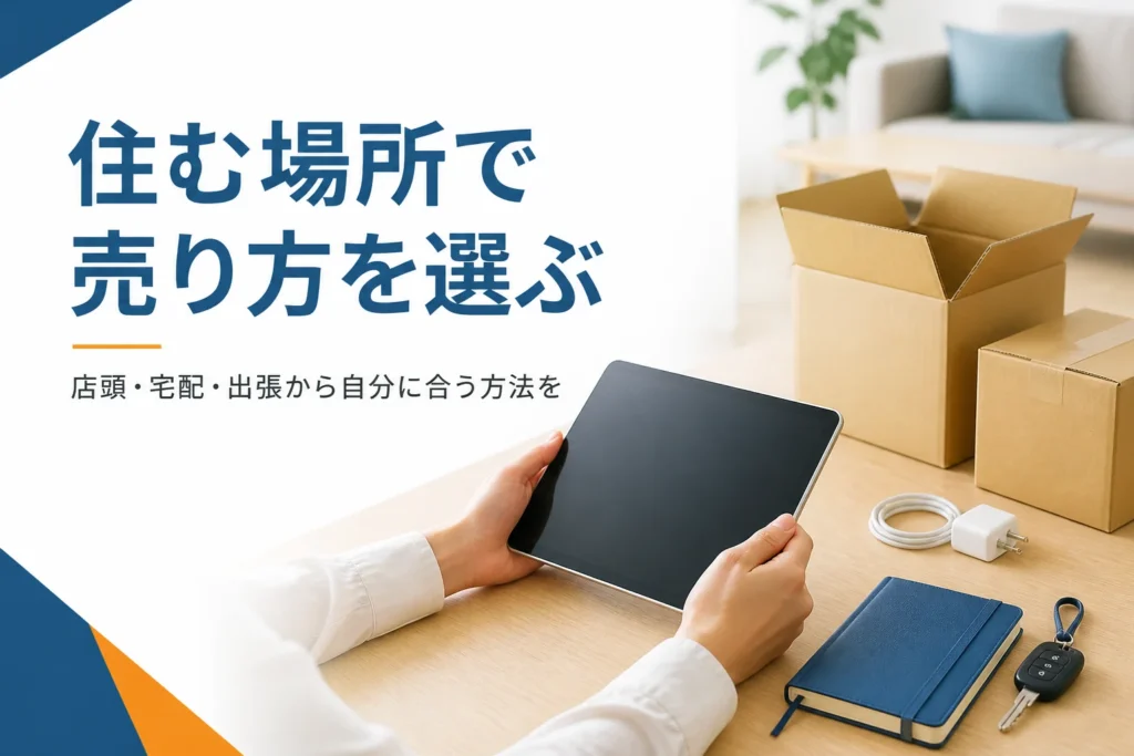 タブレットと車の鍵と段ボール箱が並んだテーブル