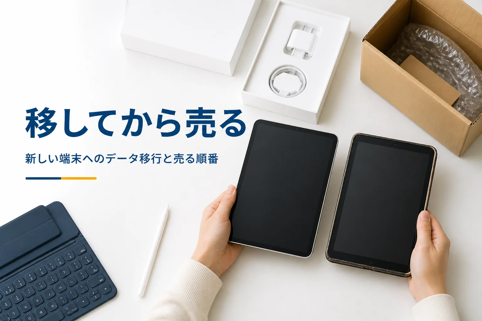 新旧2台のタブレットを並べてデータを移す手元