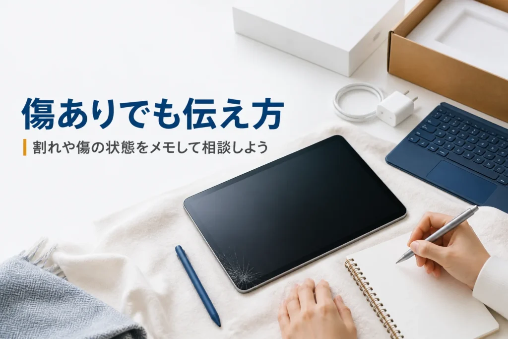 画面にヒビの入ったタブレットと状態メモ
