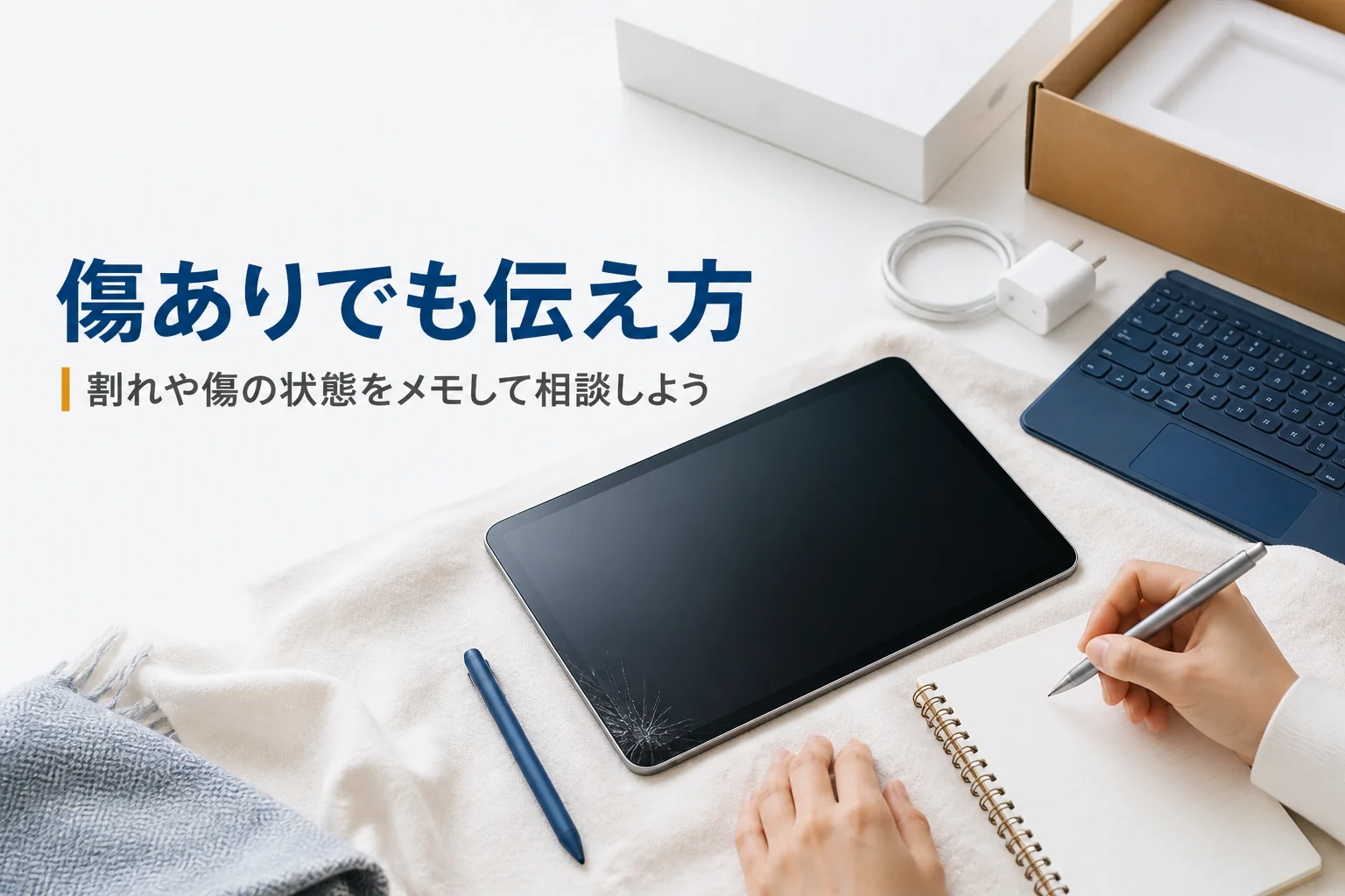 画面にヒビの入ったタブレットと状態メモ