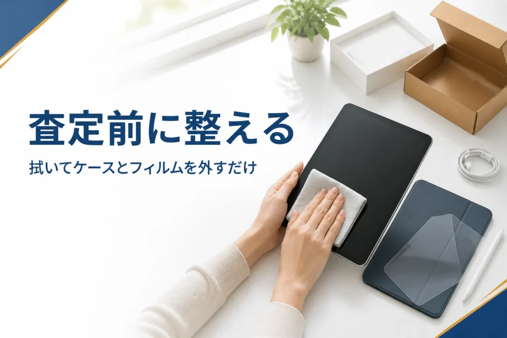 査定前にタブレットを拭いて整える様子