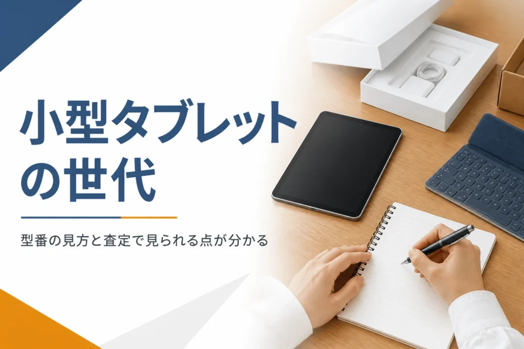 小型タブレットの型番をメモしている手元