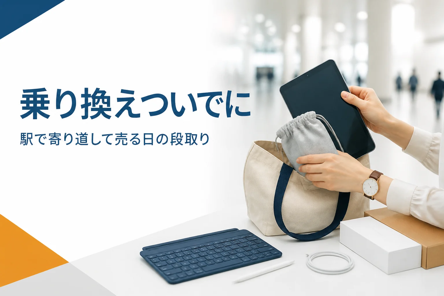 駅でタブレットをバッグから取り出す手元
