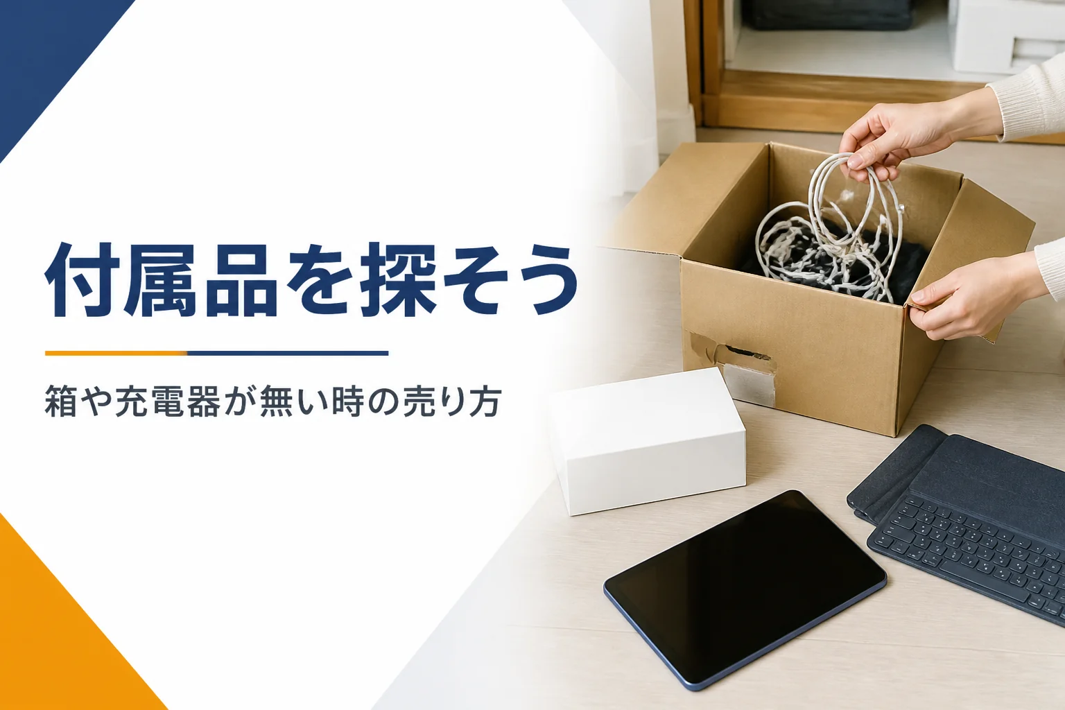 段ボール箱から充電ケーブルと元箱を探す手元