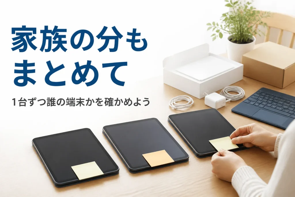 家族のタブレットを並べて持ち主を確かめる様子