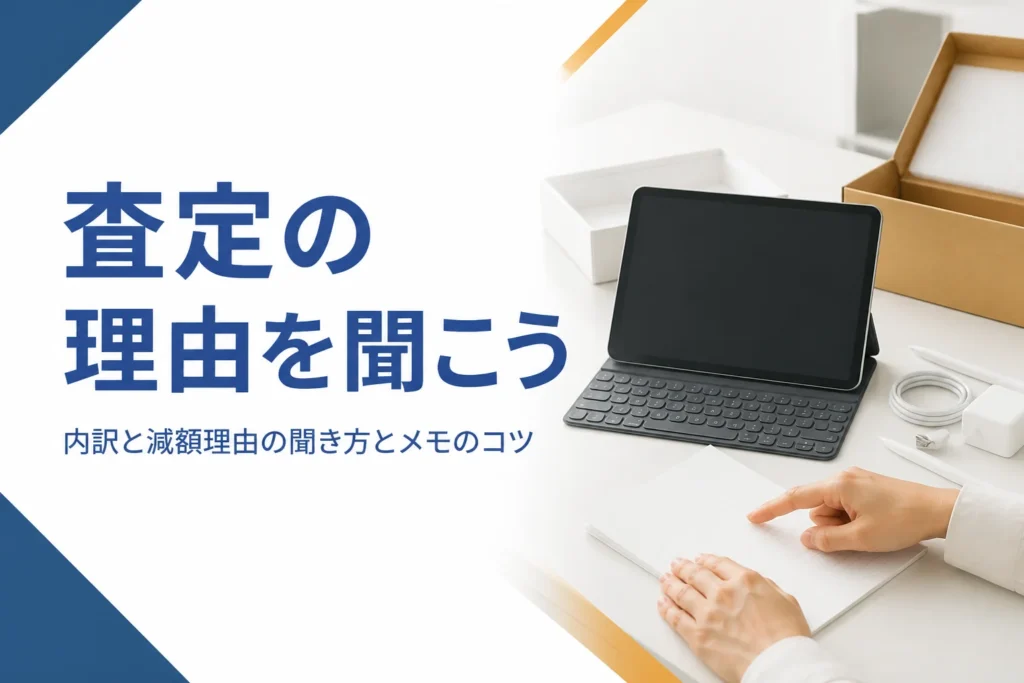 買取カウンターでタブレットの査定メモを確かめる手元