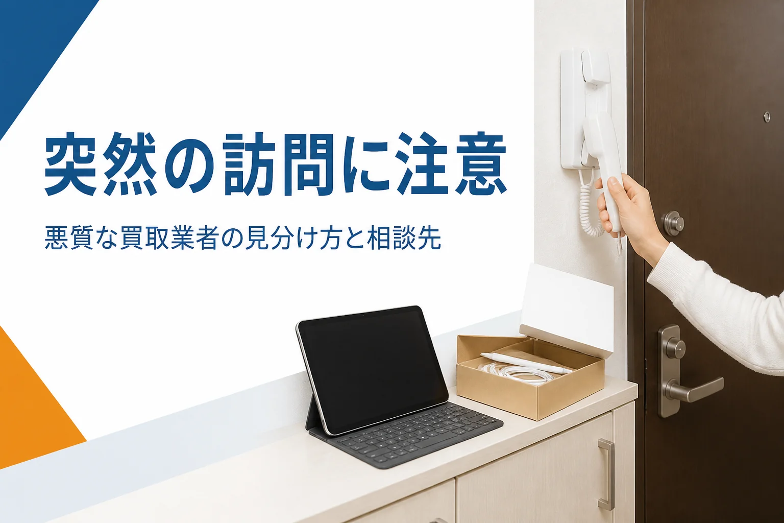 玄関でインターホンに応対する手元とタブレット
